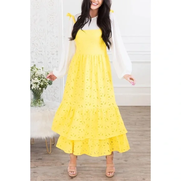 Flying Tomato Yellow Lace Double Ruffle Layer Midi Dress - Picture 5 of 8